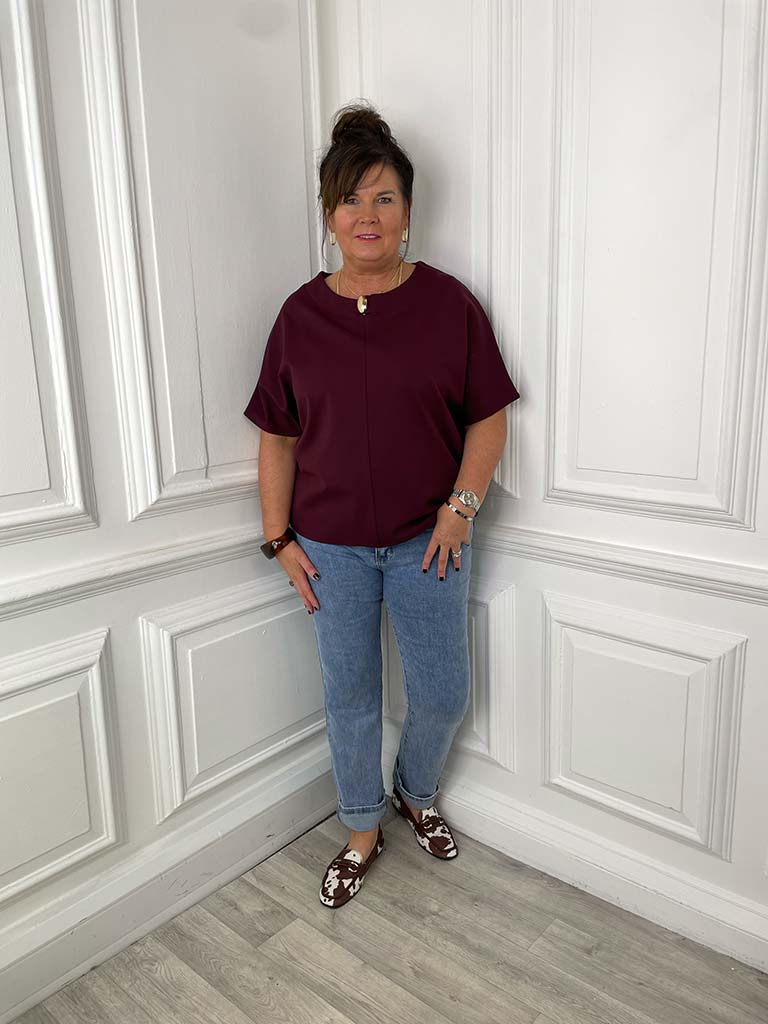 Boxy Scuba Button Top - Merlot