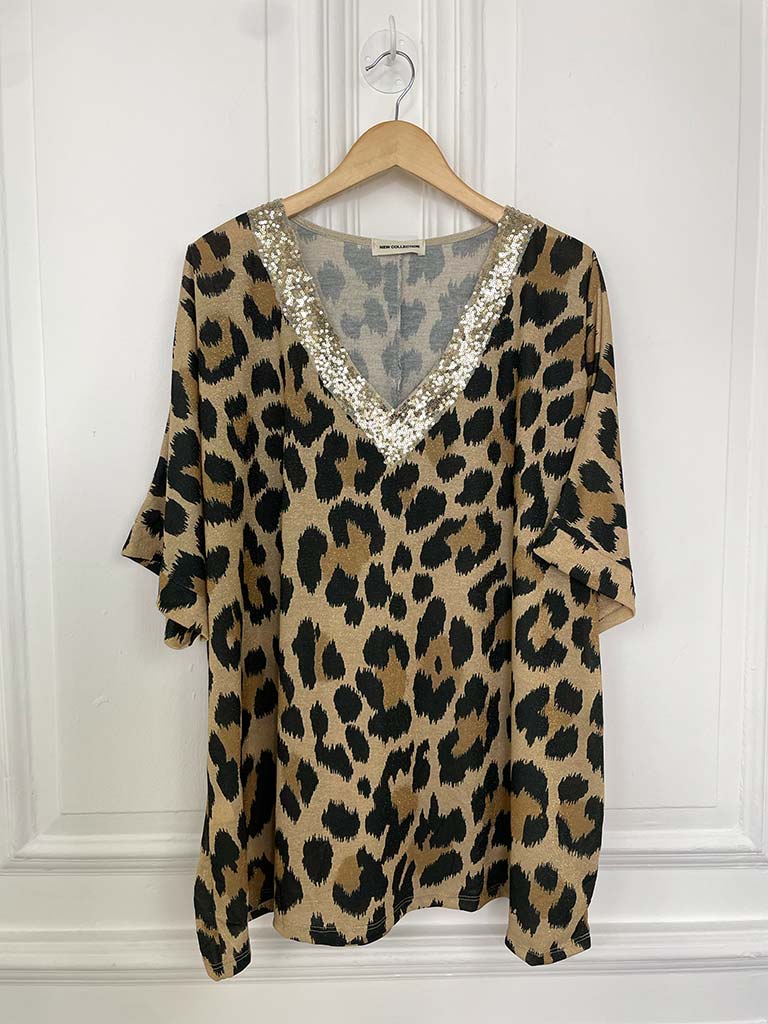 Wild Glow V-Neck Top - Gold Leopard