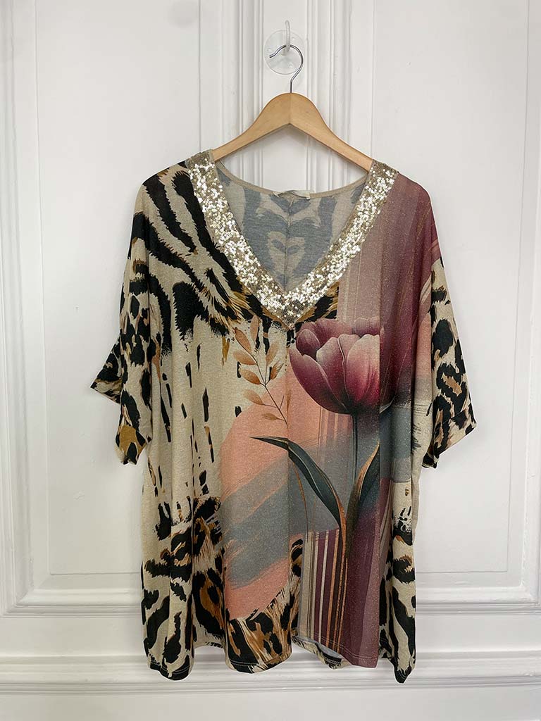 Wild Glow V-Neck Top - Floral & Animal Print