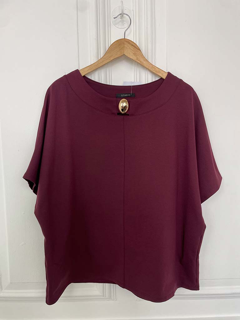 Boxy Scuba Button Top - Merlot