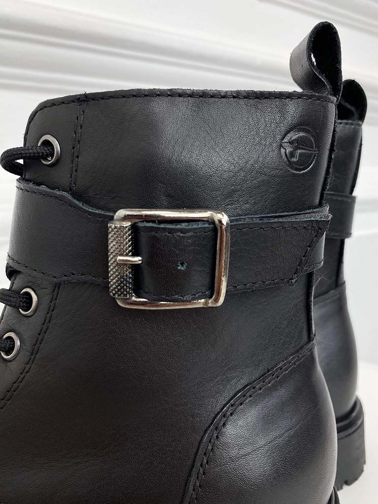 Tamaris Leather Lace Up Buckle Boots - Black