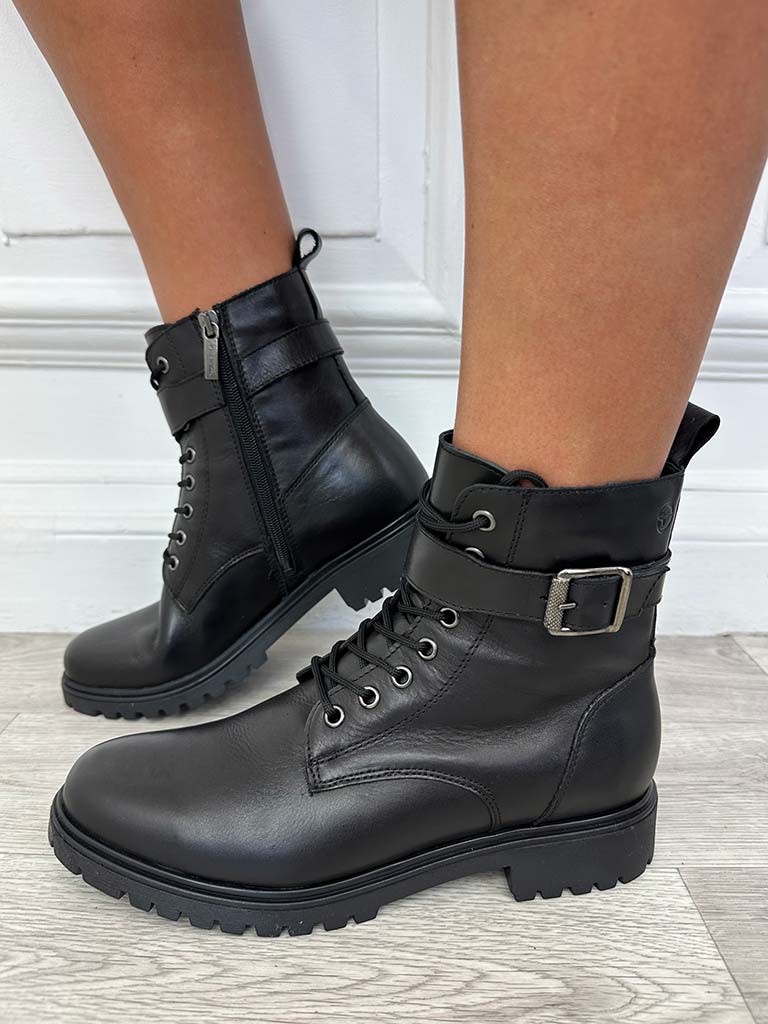 Tamaris Leather Lace Up Buckle Boots - Black