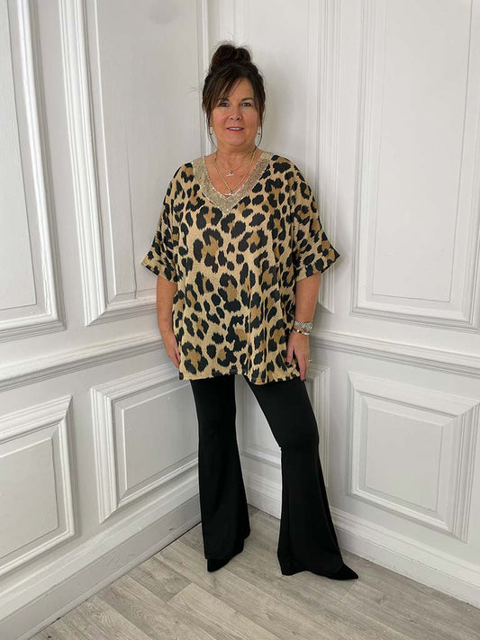 Wild Glow V-Neck Top - Gold Leopard