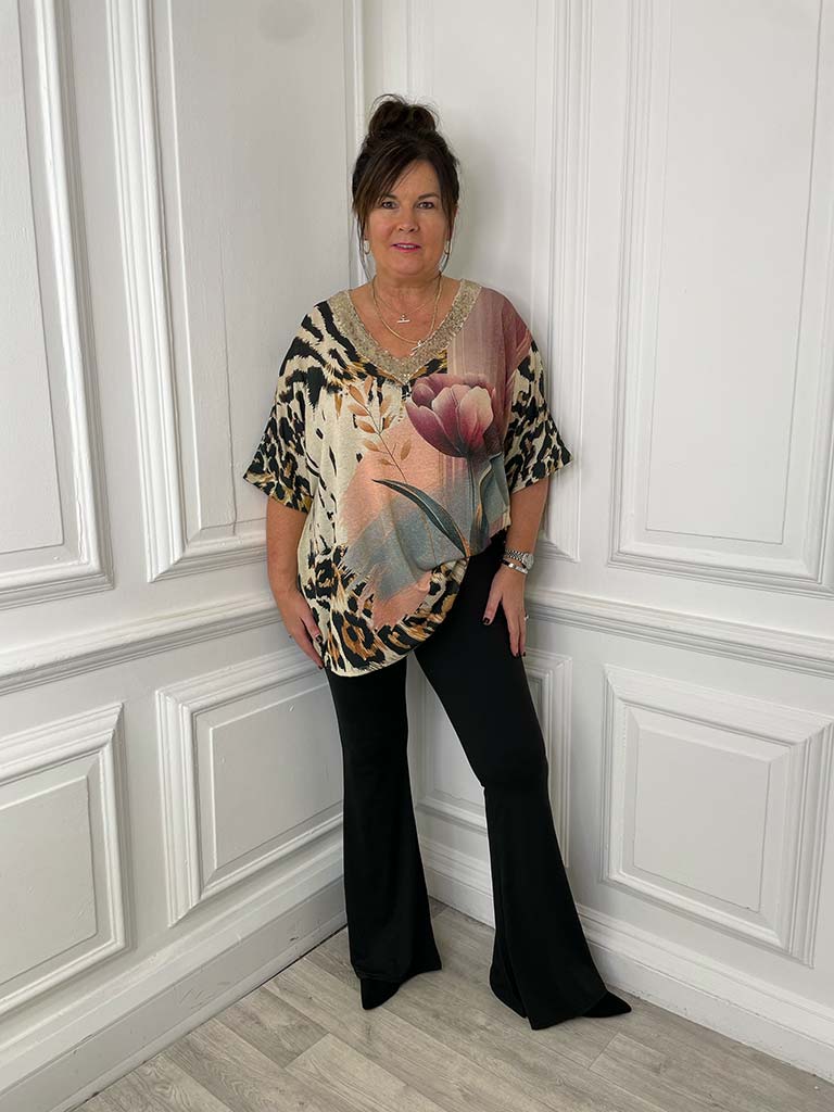 Wild Glow V-Neck Top - Floral & Animal Print