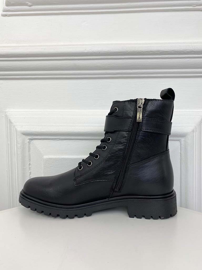 Tamaris Leather Lace Up Buckle Boots - Black