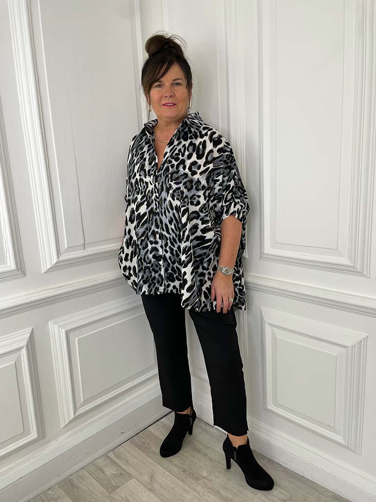 Animal Print Oversized Shirt - Grey