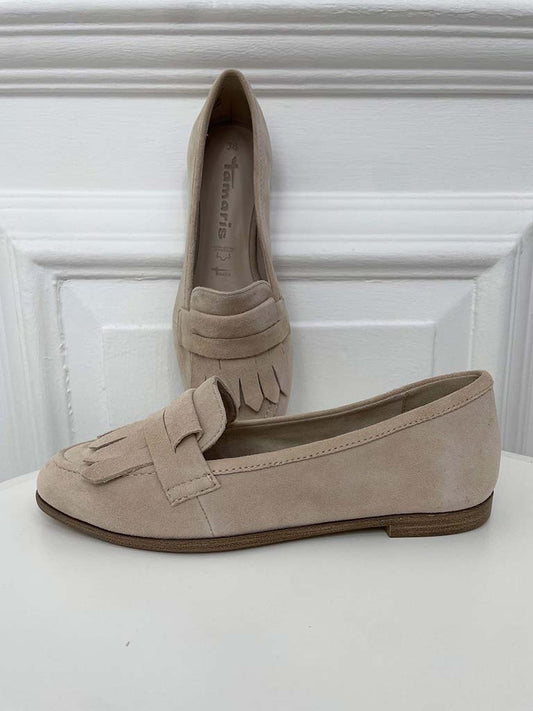 Tamaris Suede Fringed Loafers - Stone