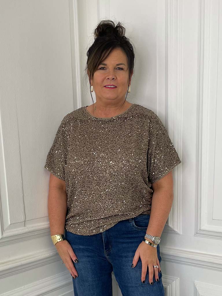 Sequin Shimmer Top - Taupe
