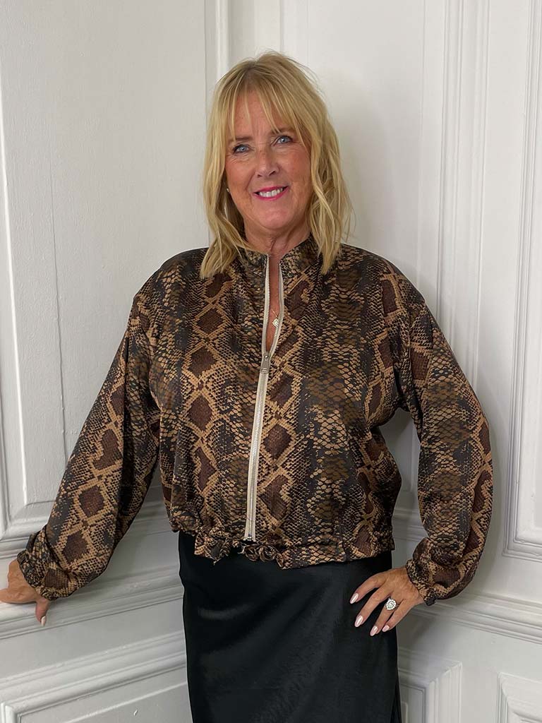 Silk Feel Zip Up Bomber Jacket - Snake Print