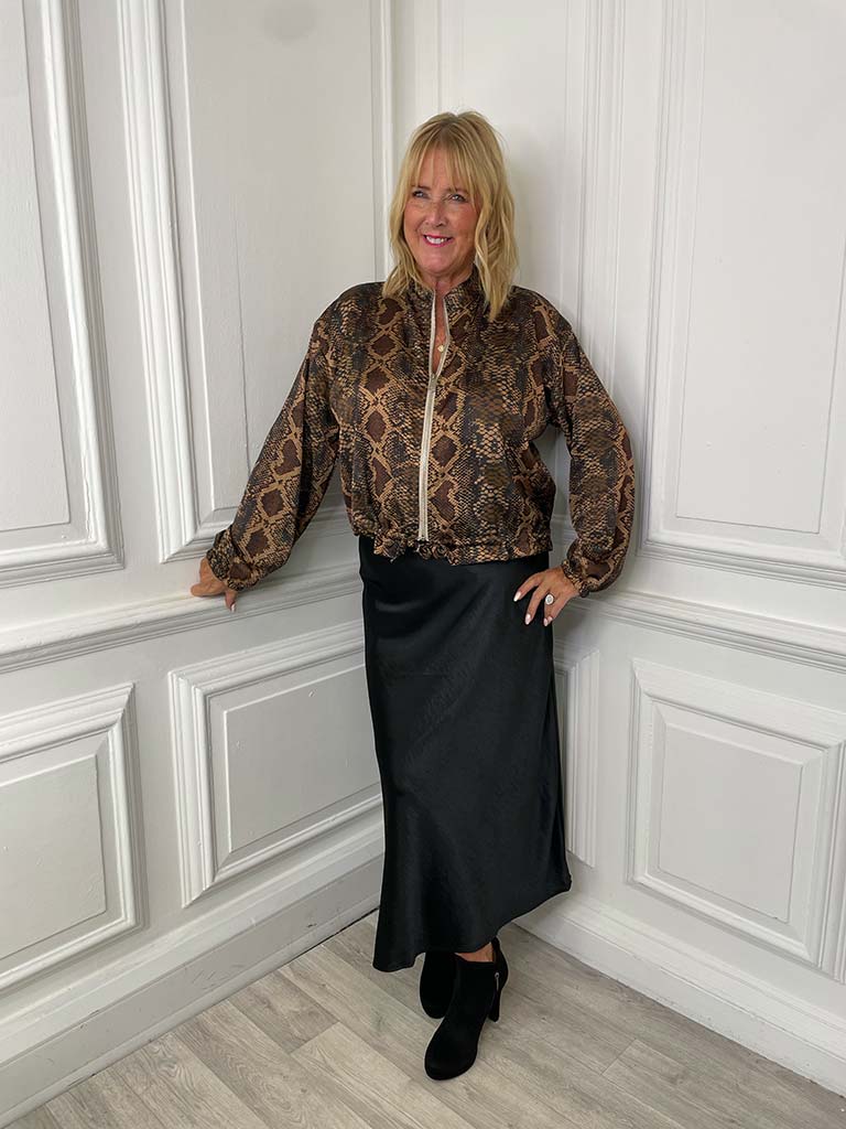 Silk Feel Zip Up Bomber Jacket - Snake Print