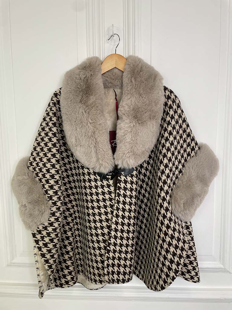 Houndstooth Faux Fur Cape