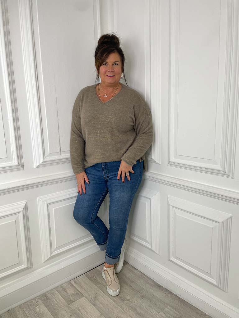 Eyelash V-Neck Knit - Taupe