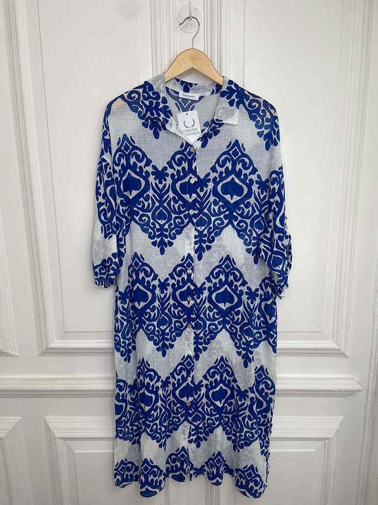 Damask Cotton Shirt Dress - Electric Blue