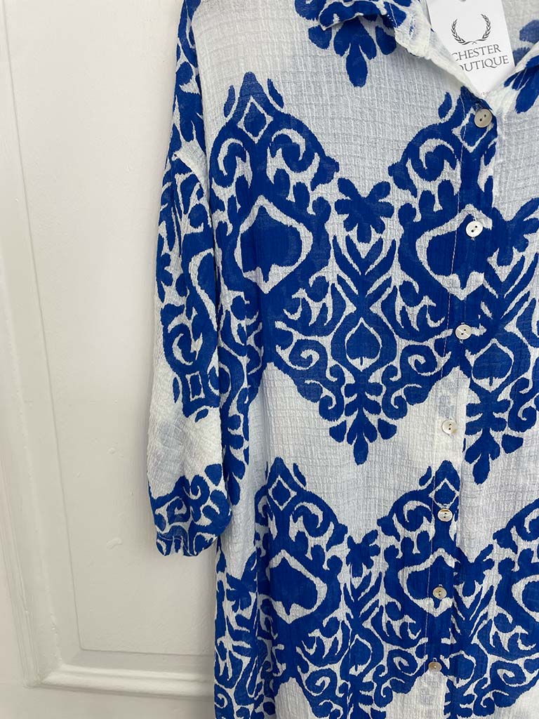 Damask Cotton Shirt Dress - Electric Blue