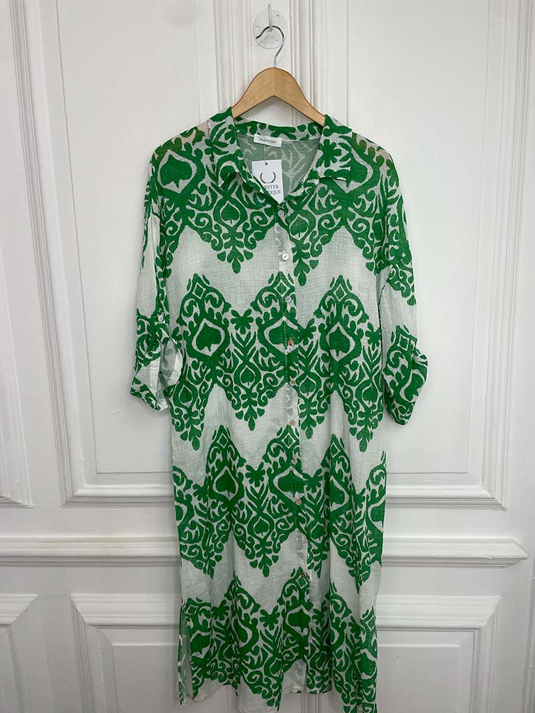 Damask Cotton Shirt Dress - Apple
