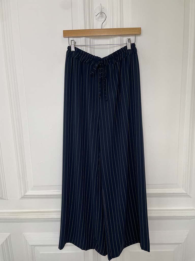 Wide Leg Pinstripe Trousers - Navy