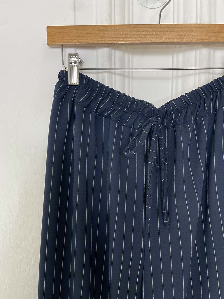 Wide Leg Pinstripe Trousers - Navy