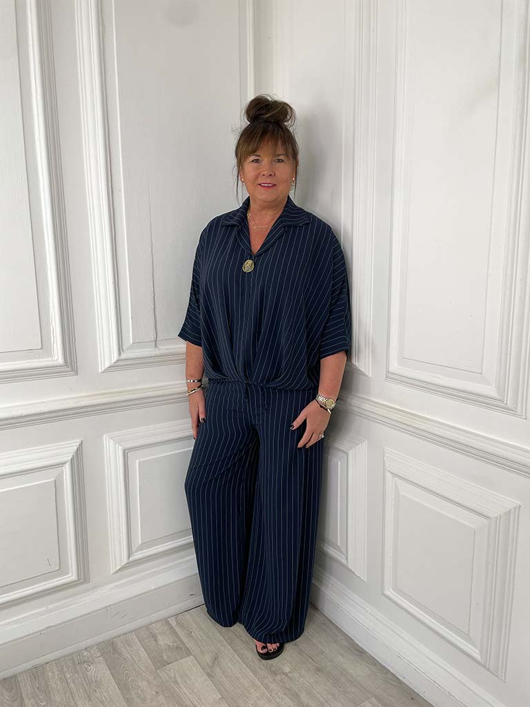 Wide Leg Pinstripe Trousers - Navy