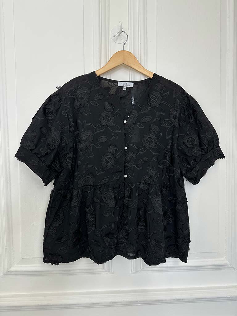 Floral Embroidery Smock Top - Black