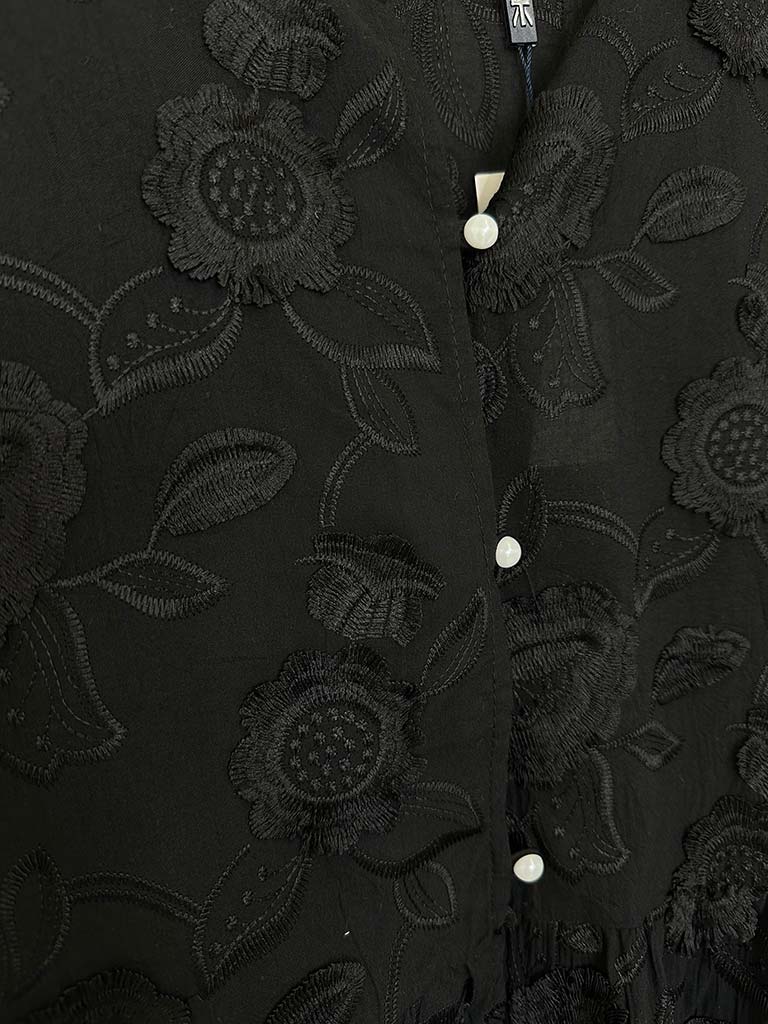 Floral Embroidery Smock Top - Black