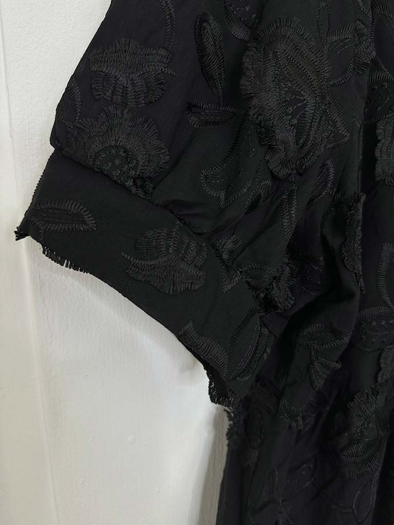 Floral Embroidery Smock Top - Black