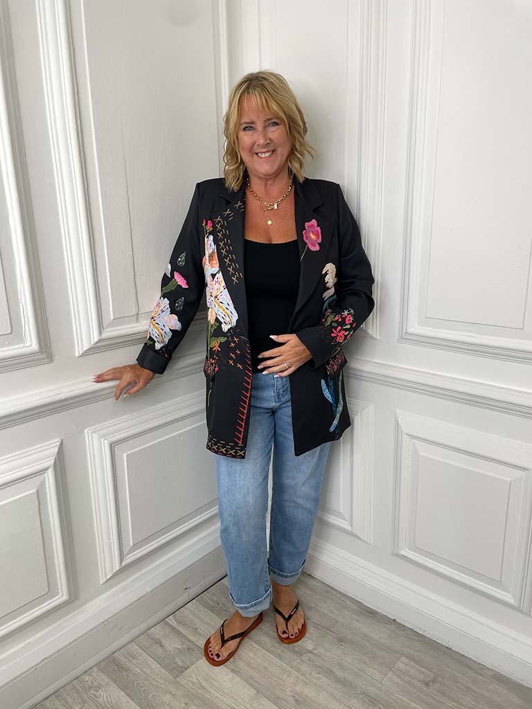 Embroidered Print Blazer - Black