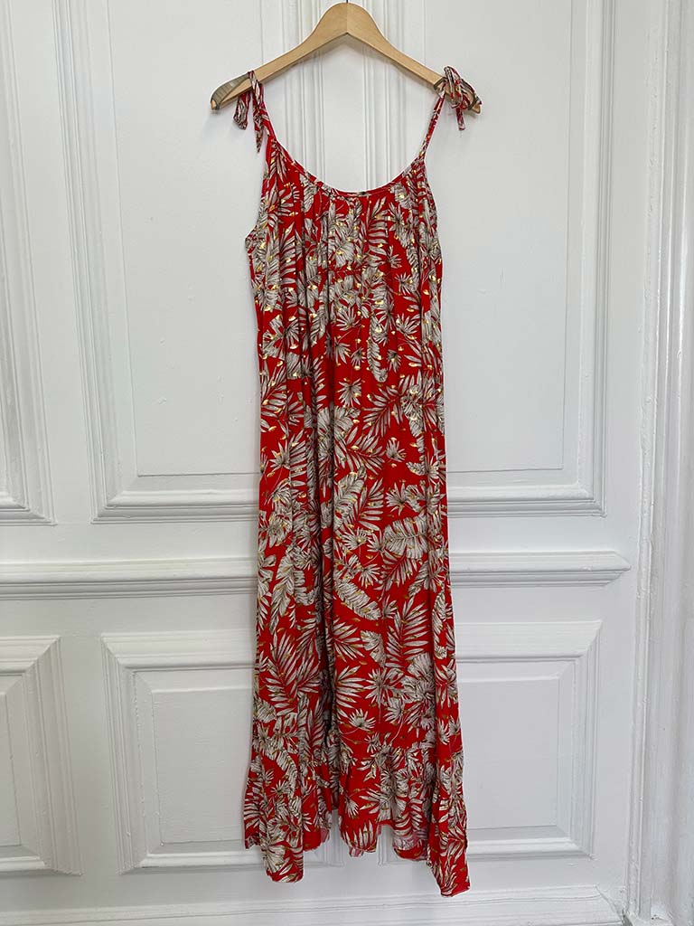 Gold Leaf Tie Strap Dress - Red