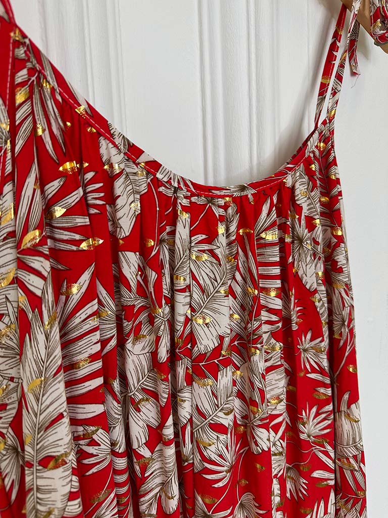 Gold Leaf Tie Strap Dress - Red