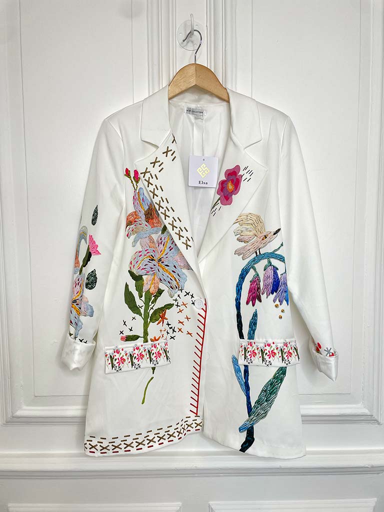 Embroidered Print Blazer - White