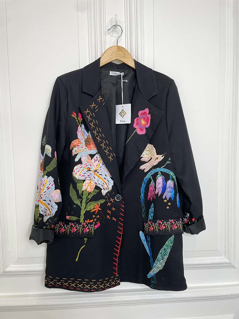 Embroidered Print Blazer - Black