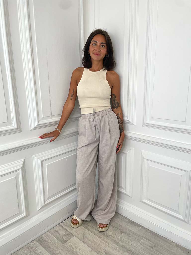 Pleat Front Wide Leg Trousers - Taupe
