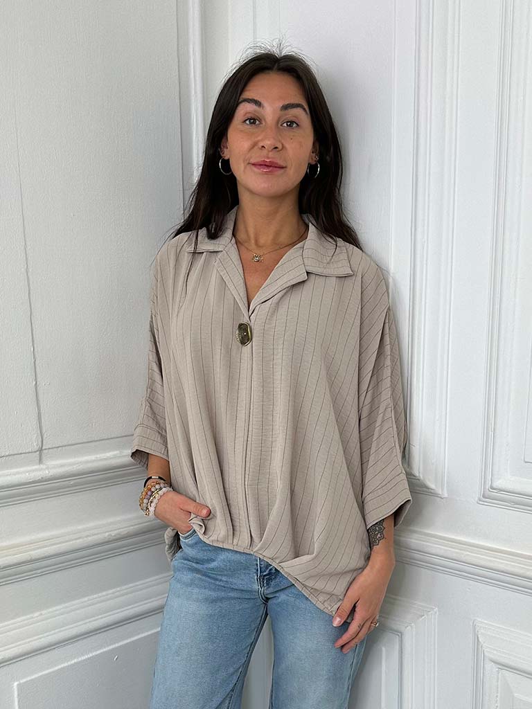 Pinstripe Button Top - Latte