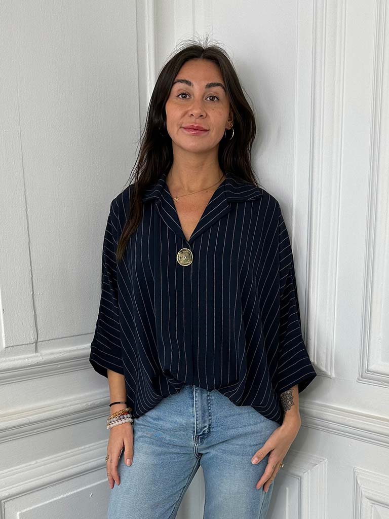Pinstripe Button Top - Navy