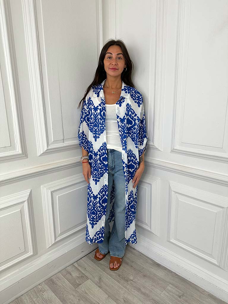 Damask Cotton Shirt Dress - Electric Blue