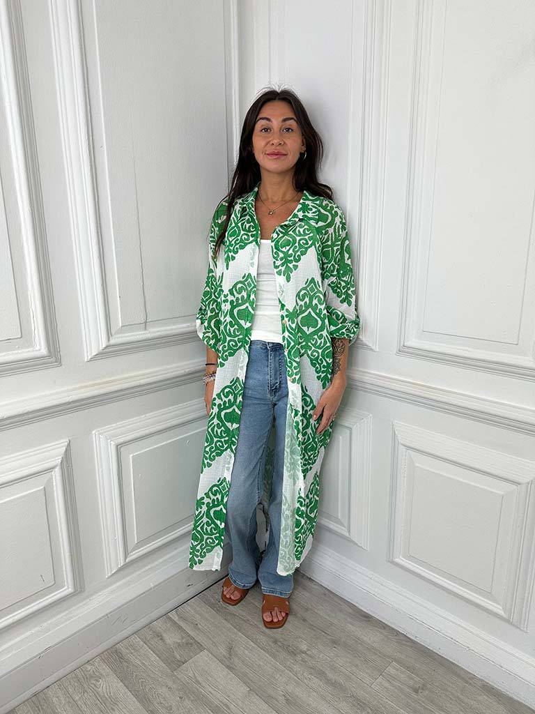 Damask Cotton Shirt Dress - Apple