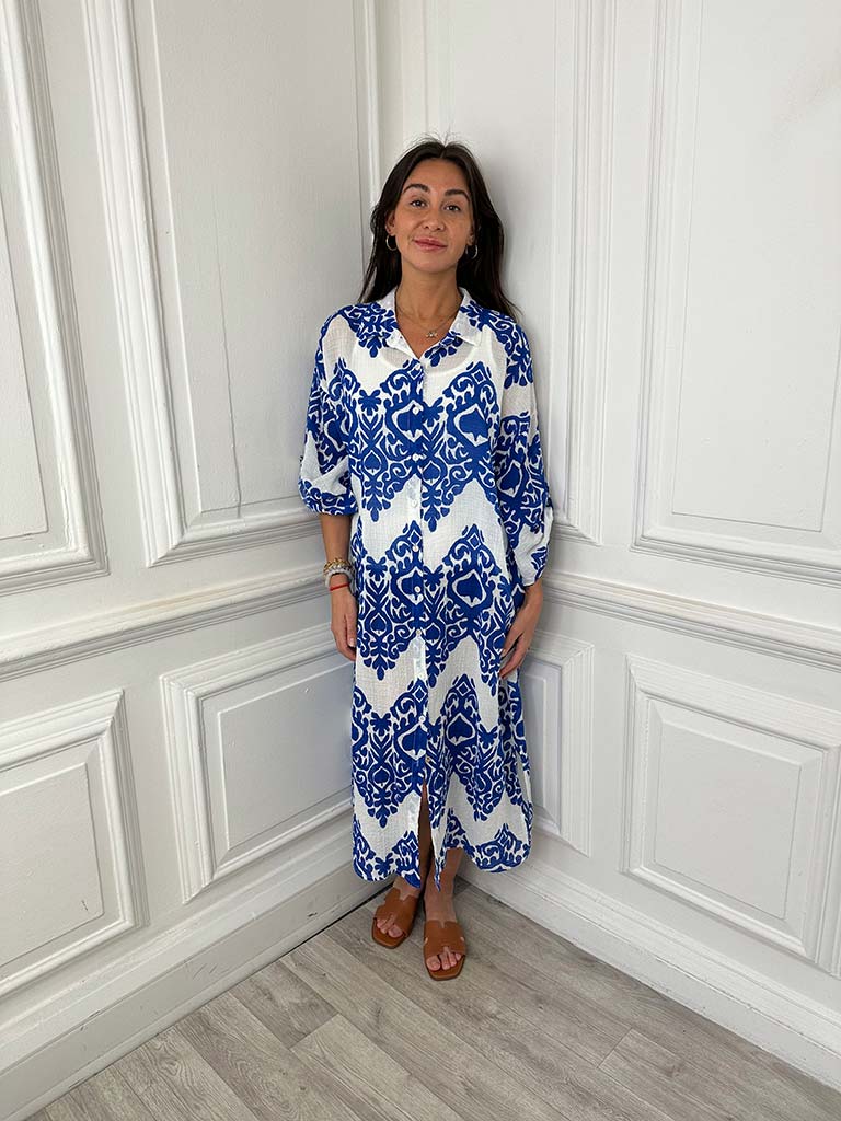 Damask Cotton Shirt Dress - Electric Blue