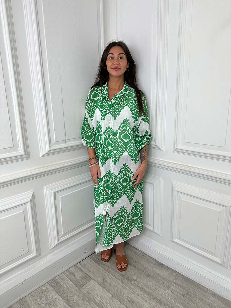 Damask Cotton Shirt Dress - Apple