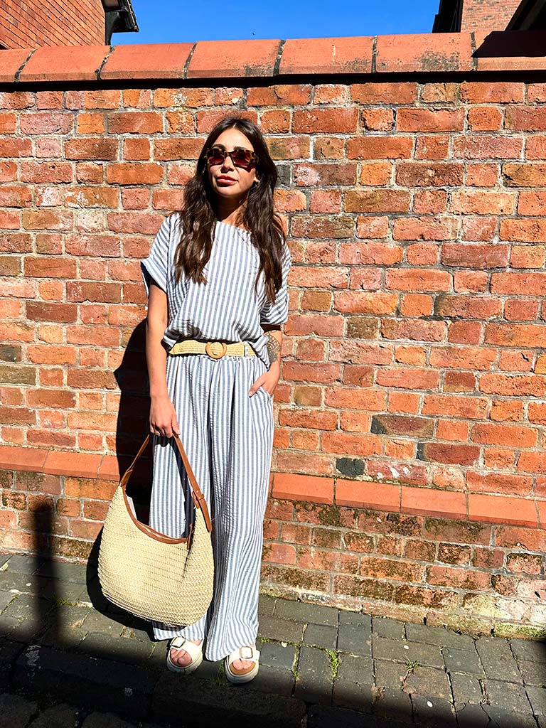 Stripe Wide Leg Trousers - Navy