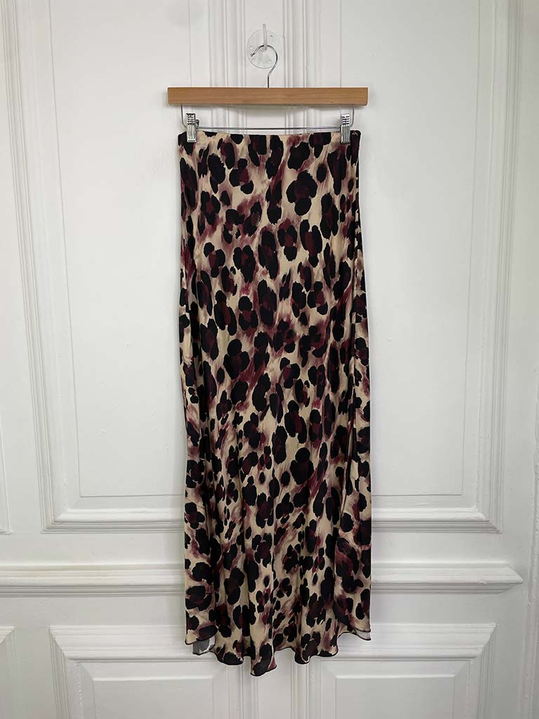 Abstract Print Silk Feel Skirt - Denim & Chocolate
