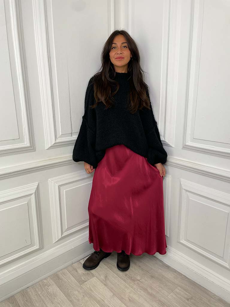 Silk Feel Crinkle Maxi Skirt - Claret