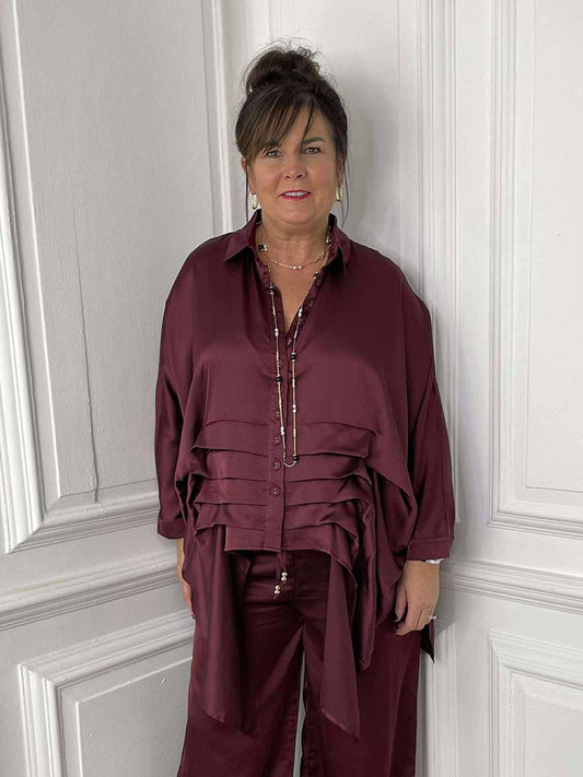 Malissa J Silk Feel Pleat Detail Shirt - Wine