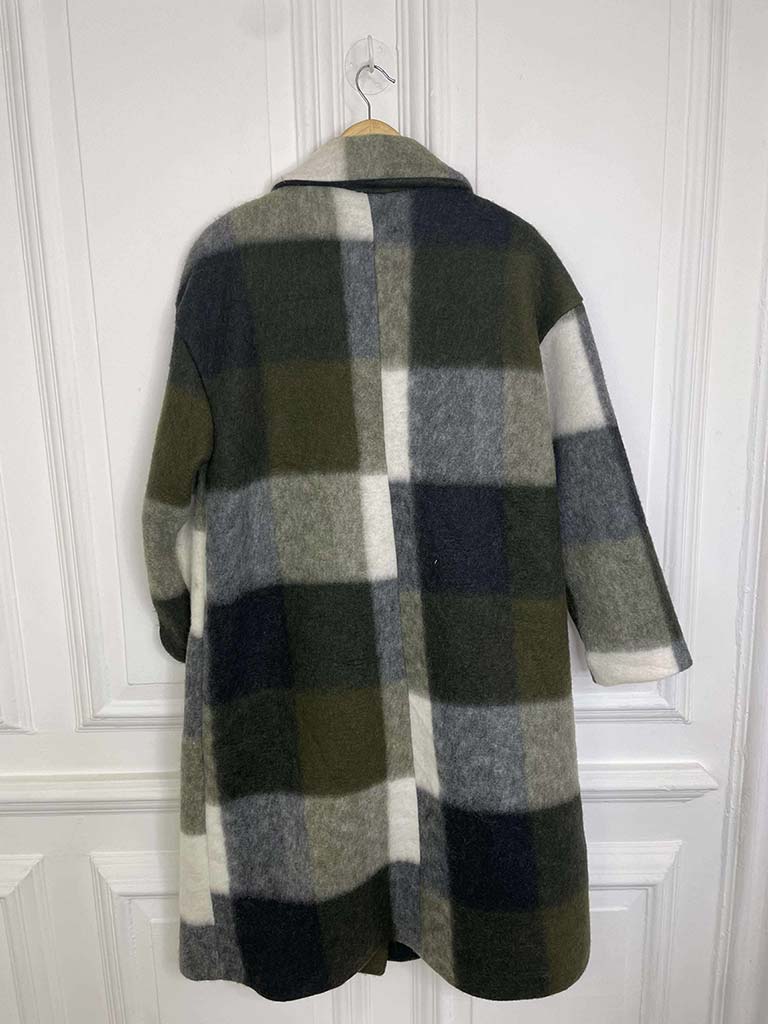 Check Wool Mix Coat - Khaki