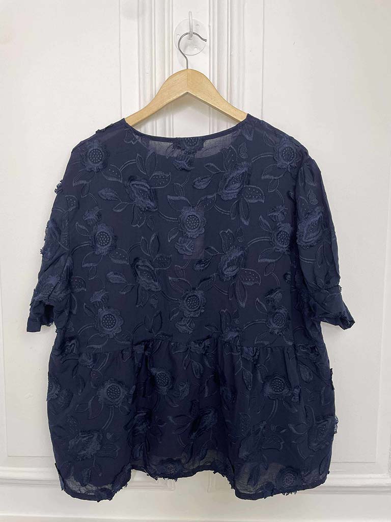 Floral Embroidery Smock Top - Navy
