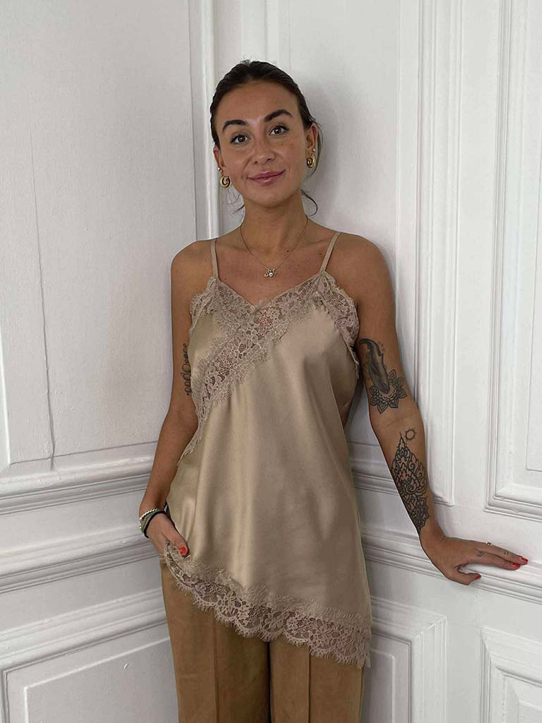 Lace Trim Asymmetric Cami Top - Caramel