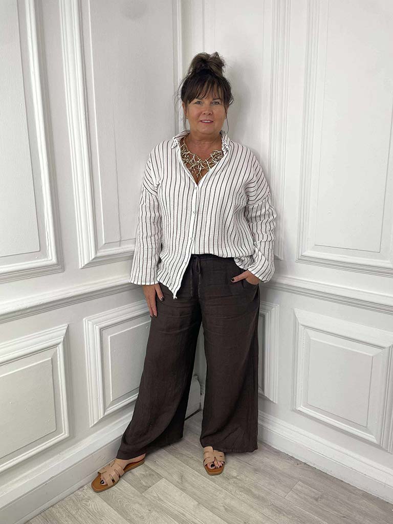 Linen Wide Leg Trousers - Chocolate