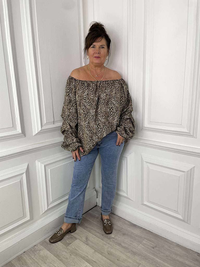 Ruched Sleeve Bardot Top - Leopard