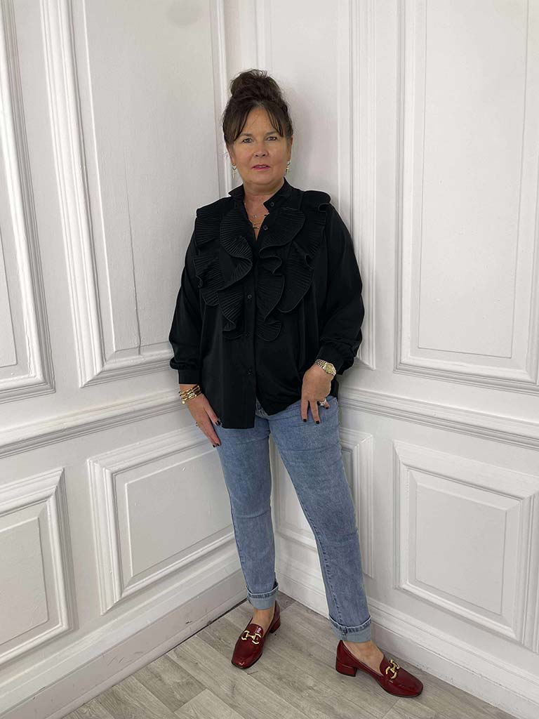 Plissé Ruffle Shirt - Black