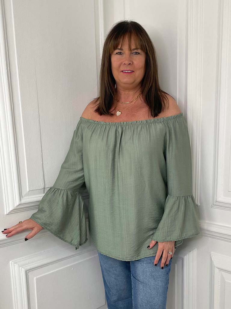 Bardot Frill Sleeve Top - Khaki