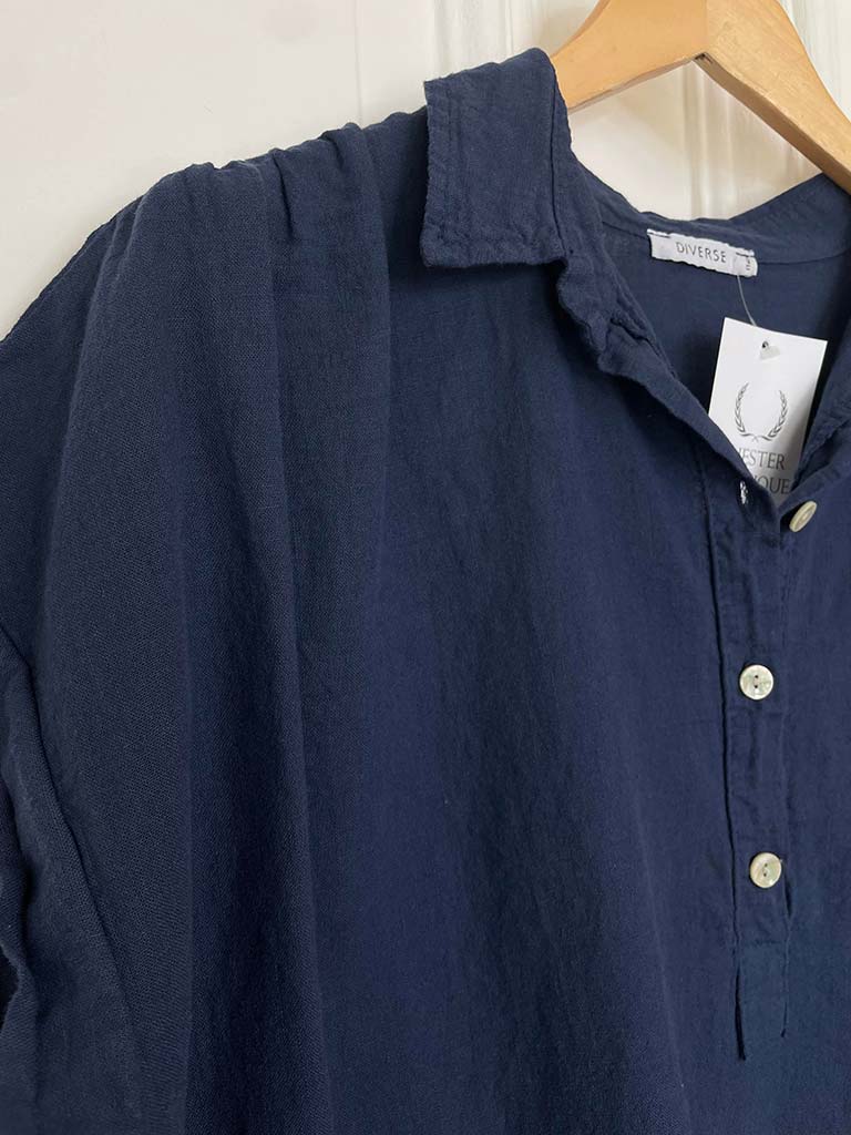 Cotton & Linen Popover Shirt - Navy