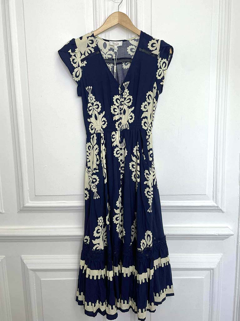 Baroque Print Tea Dress - Navy